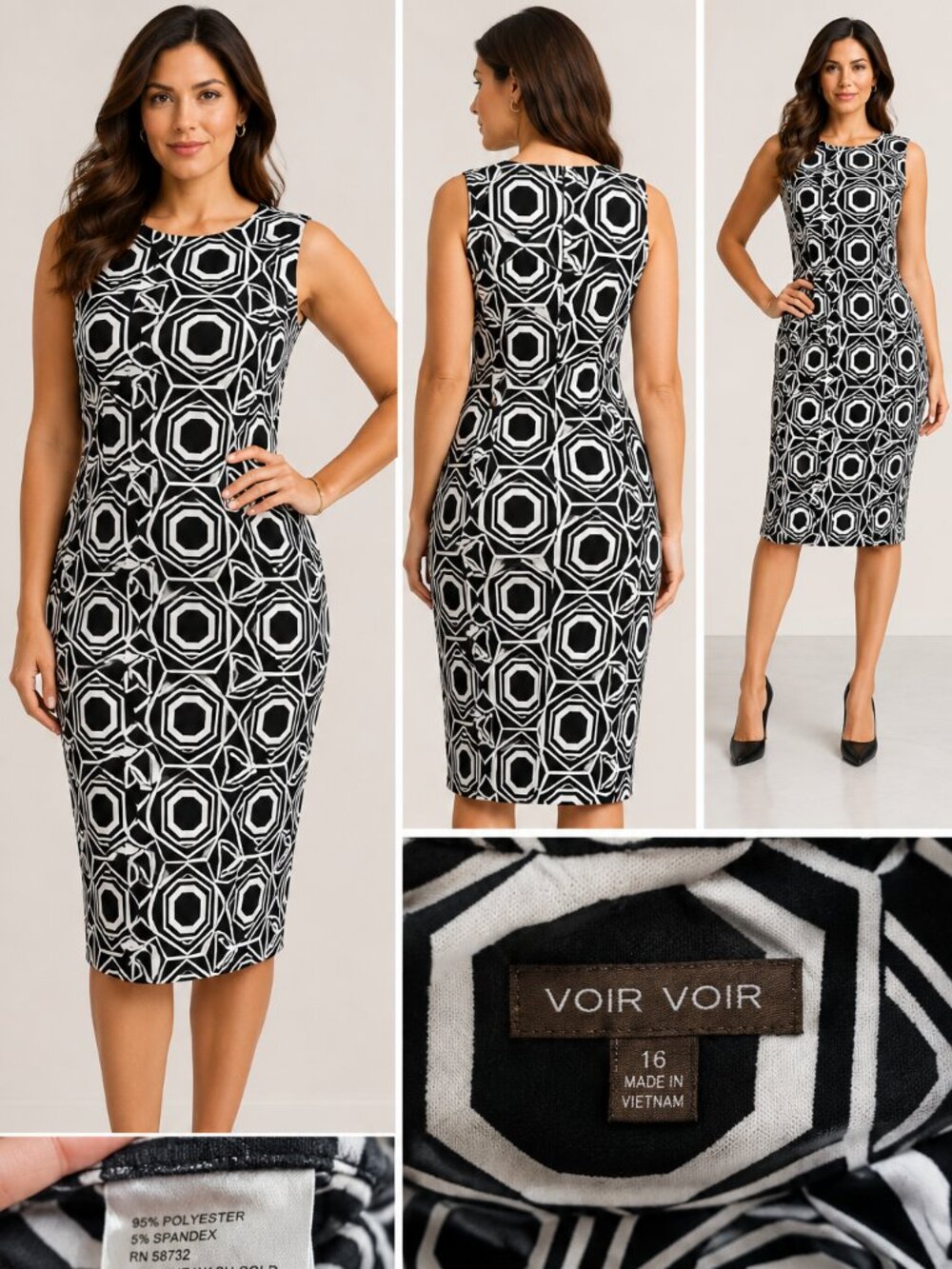 Voir Voir Women’s Size 16 Black White Geometric Sleeveless Sheath Midi Dress.